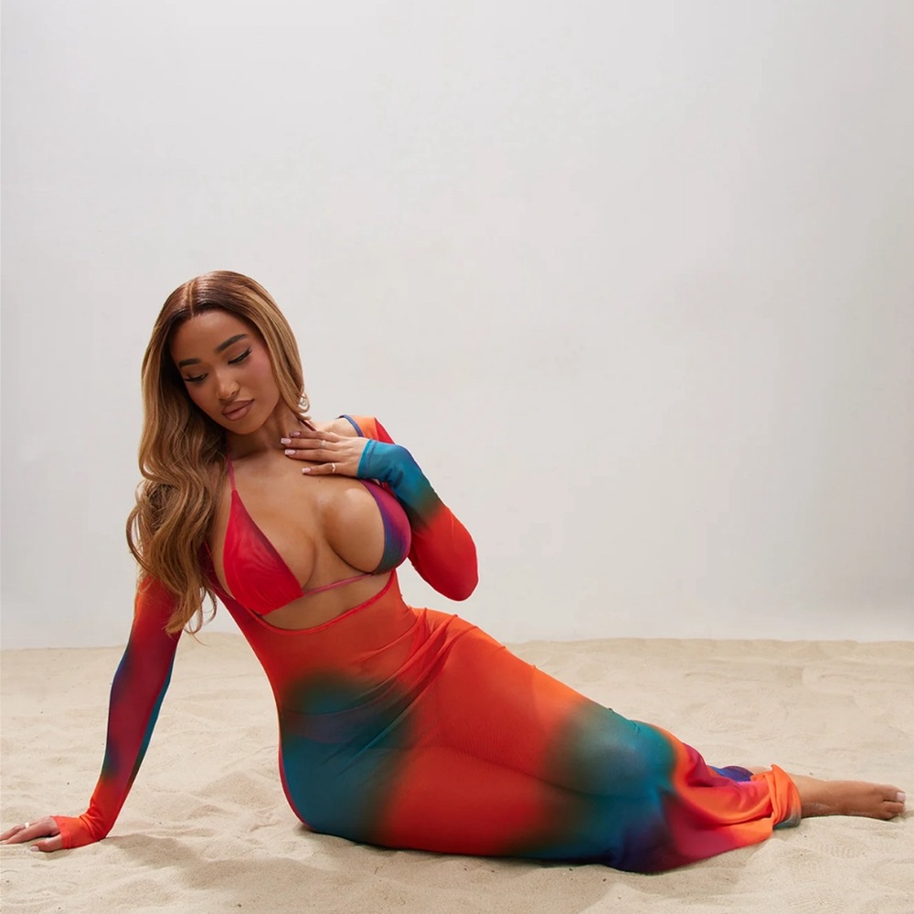 Matching 3 Piece Swim Set w/ Triangle Bikini & Sheer Maxi Cover up - Multicolor